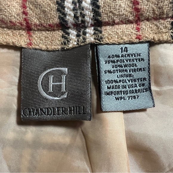 Vintage Chandler Hill Wool Blend Plaid Faux Wrap Midi Skirt- Tan/Beige, Size 14 - Picture 5 of 7